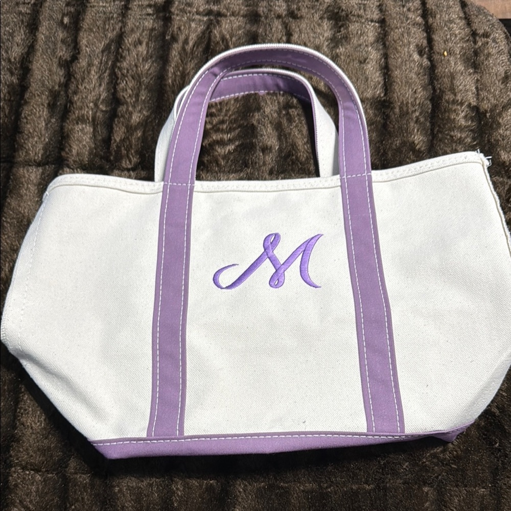 L.L. Bean White and Purple Canvas Tote